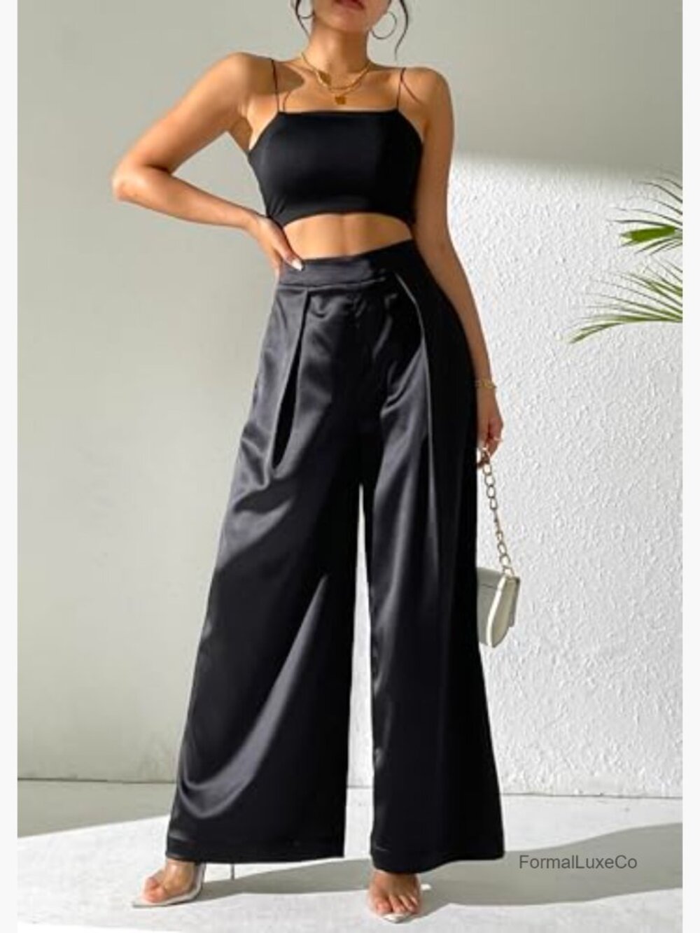 Satin Wide Leg Palazzo Pants High Waist Pull On Trousers - Picture 6 of 7